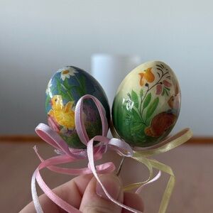 Set of 2 Glossy Decor Easter Eggs Painted with Ribbons Vintage